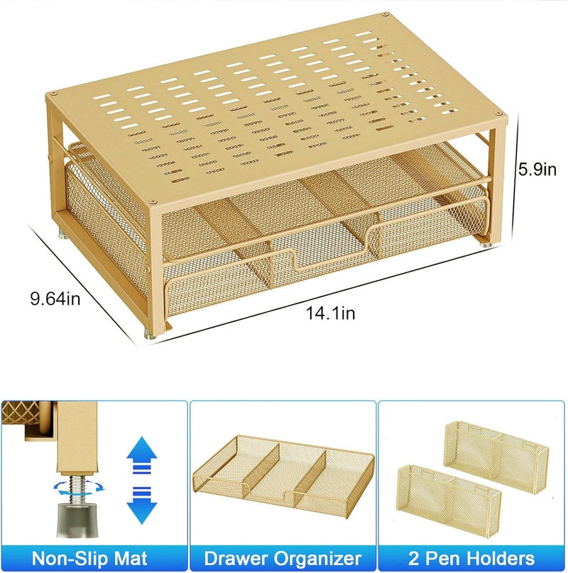 gianotter Desk Organizers and Accessories, Monitor Stand with Drawer and 2 Pen Holder, Desktop Organizer Suitable for Offices and Dormitories (Gold) - Image 3
